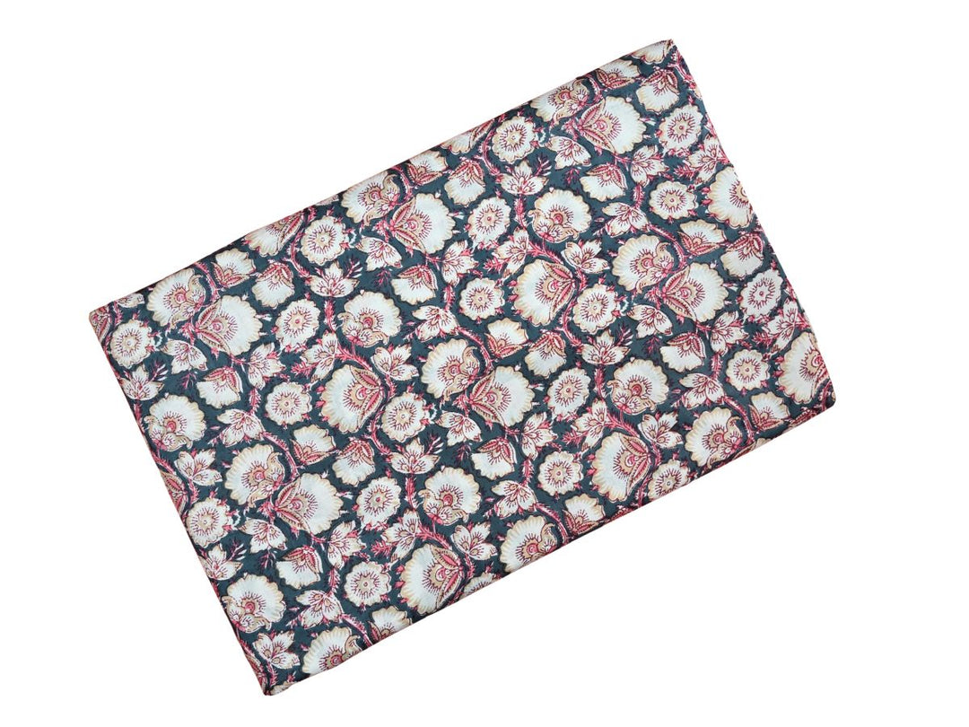 Dense floral block print fabric showing Indian folk-art pattern on grey