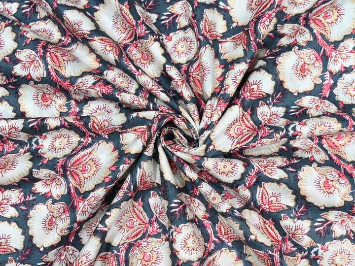 Grey floral block print cotton fabric with cream and pink flowers