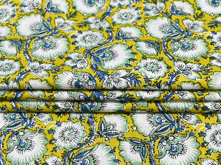 Indian block print fabric by the yard with yellow floral cotton print