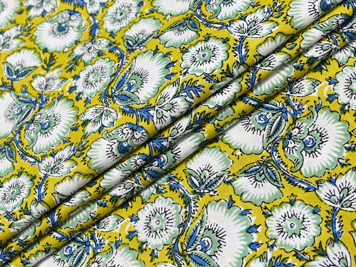 Block Print Cotton Curtain Fabric | mustard Yellow Floral Print by the Yard | Indolibas