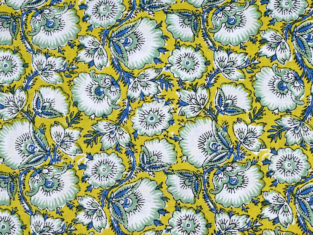 Dense floral block print fabric showing Indian folk-art pattern on yellow