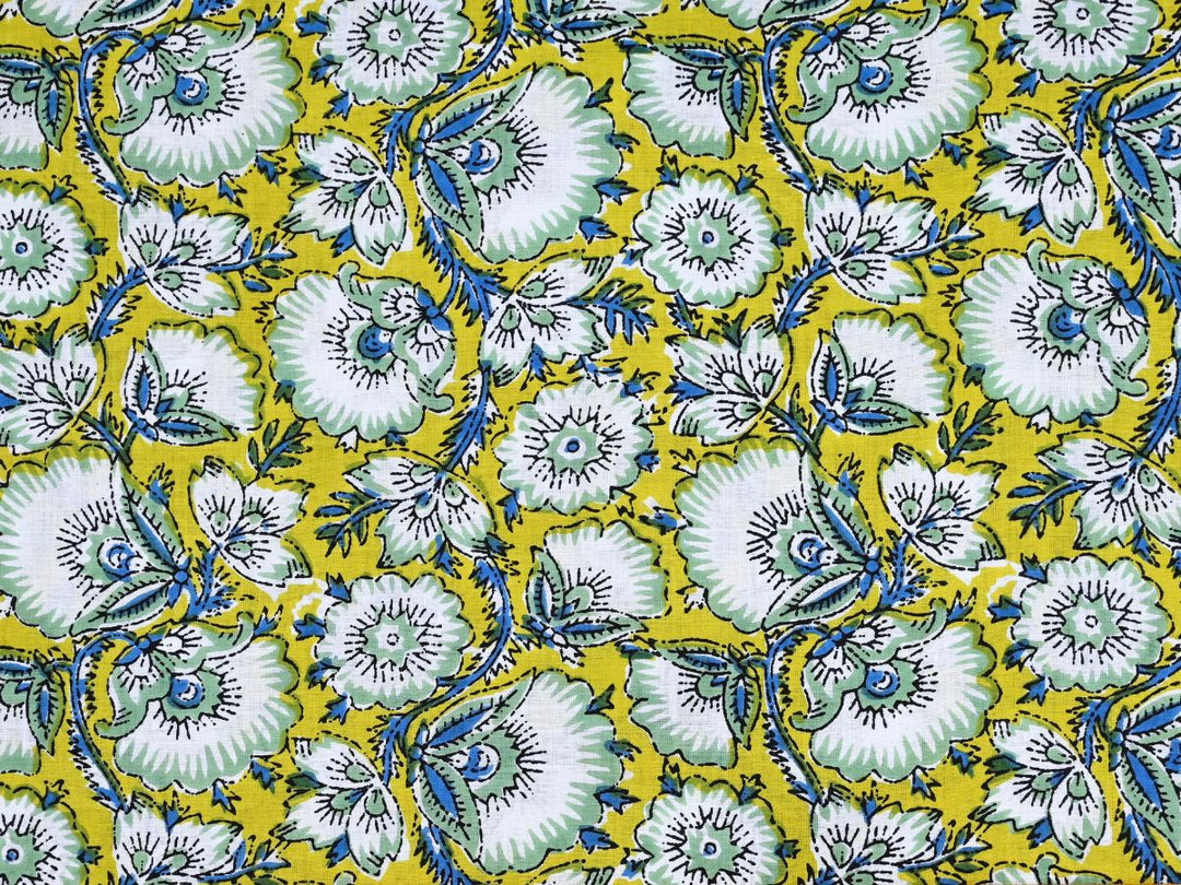 Dense floral block print fabric showing Indian folk-art pattern on yellow