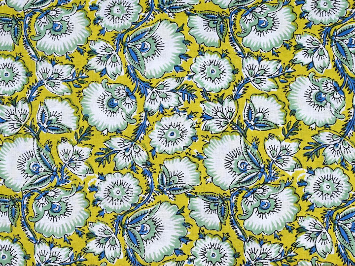 Dense floral block print fabric showing Indian folk-art pattern on yellow