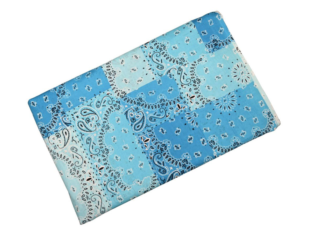 Western bandana print cotton fabric in light blue and turquoise squares