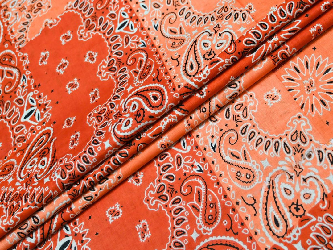 Orange Bandana Print Fabric by the Yard | Patchwork Cotton Print | Indolibas