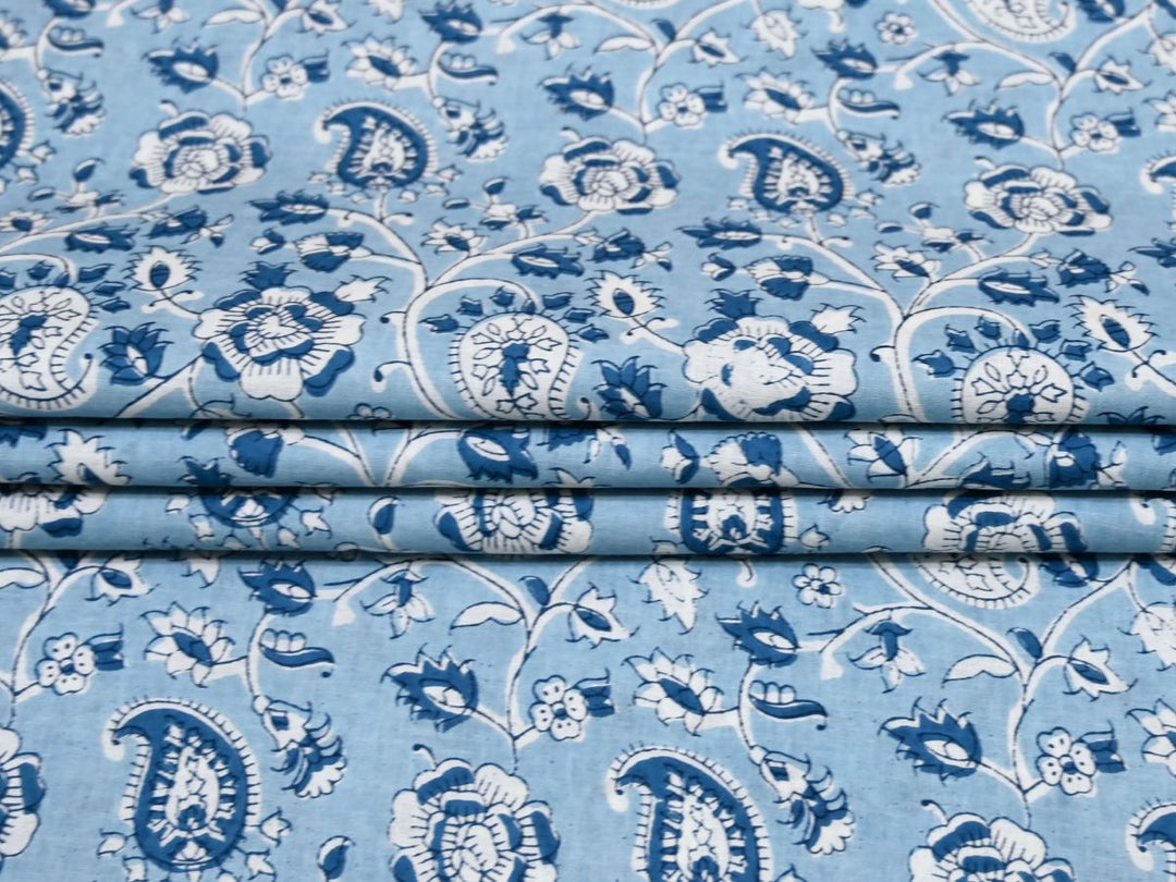 Close-up of blue paisley cotton fabric with navy outlines and vine details