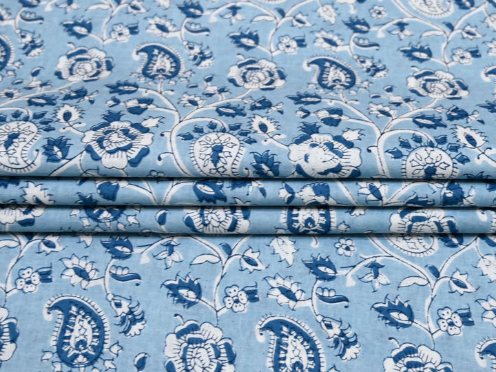 Close-up of blue paisley cotton fabric with navy outlines and vine details