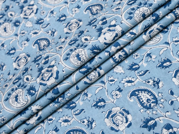 Cotton Material for Sewing by the Yard | Light Blue Paisley Block Print | Indolibas