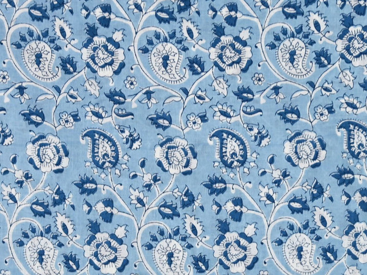 Blue paisley cotton fabric by the yard with block print floral pattern