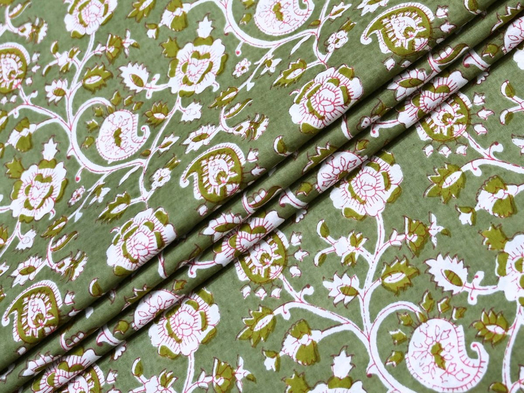 Cotton Material for Sewing by the Yard | Green Paisley Block Print | Indolibas