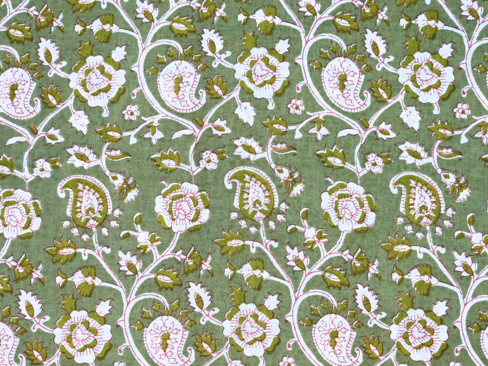 Block print cotton material by the yard with green paisley pattern