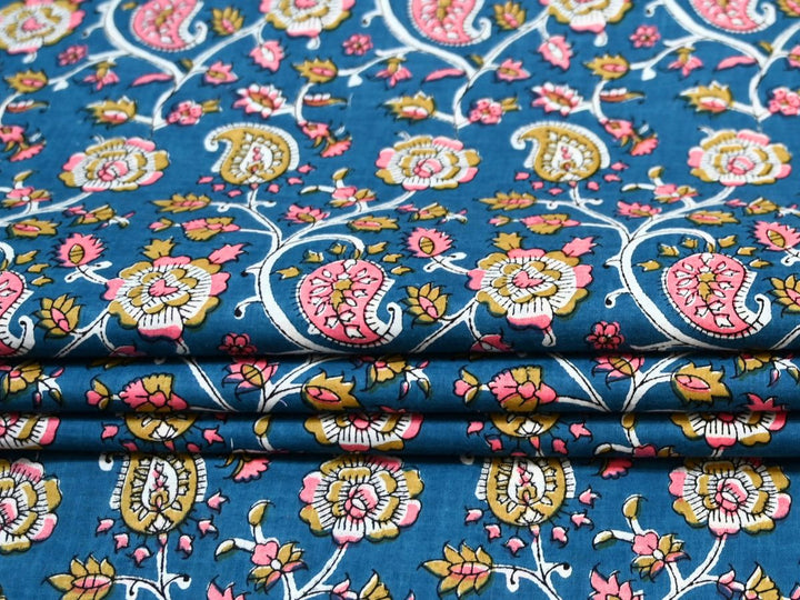 Traditional paisley and floral block print fabric on deep blue ground