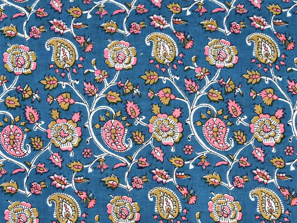 Cotton material for sewing by the yard with deep blue paisley block print