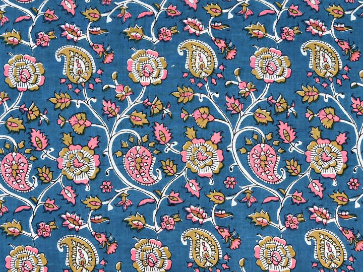 Cotton material for sewing by the yard with deep blue paisley block print