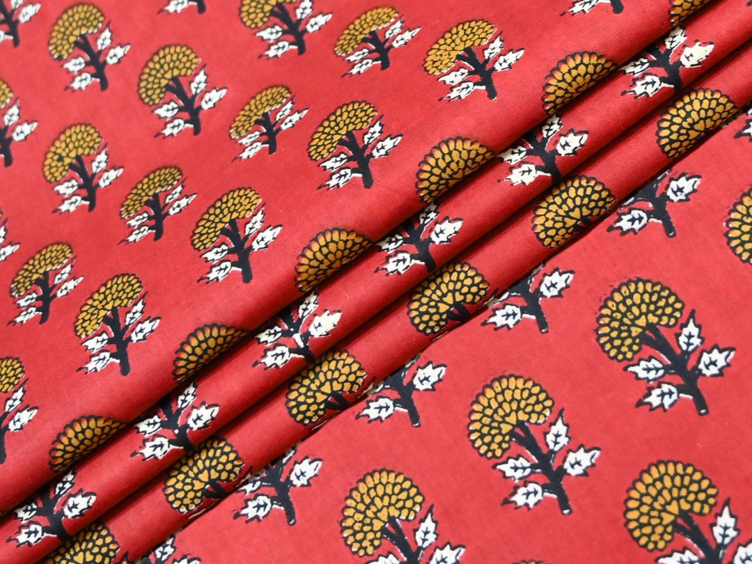 Bagru Print Cotton Material for Sewing | Red Floral Block Print | Indolibas