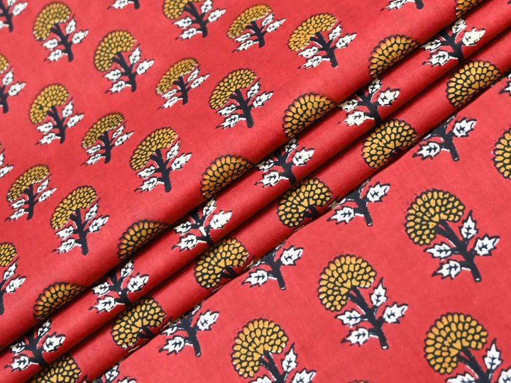 Bagru Print Cotton Material for Sewing | Red Floral Block Print | Indolibas