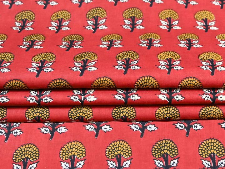 Bagru print cotton material for sewing with red ground and yellow florals