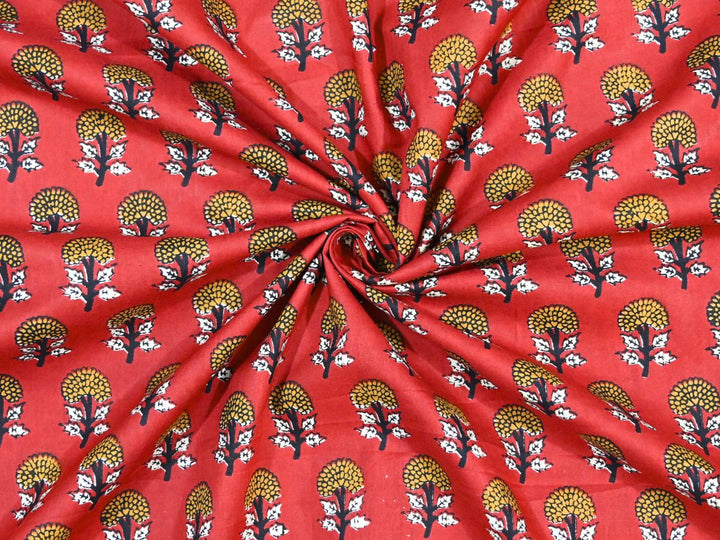 Red floral Bagru block print cotton fabric with yellow fan-shaped flowers