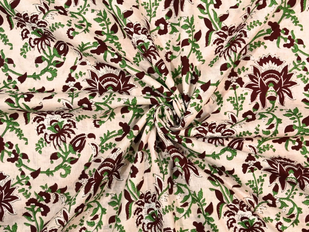 Block print upholstery fabric by the yard with cream and maroon floral design