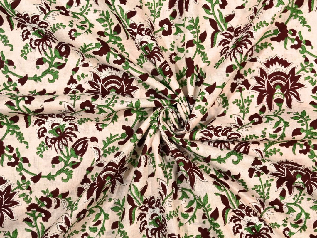 Block print upholstery fabric by the yard with cream and maroon floral design