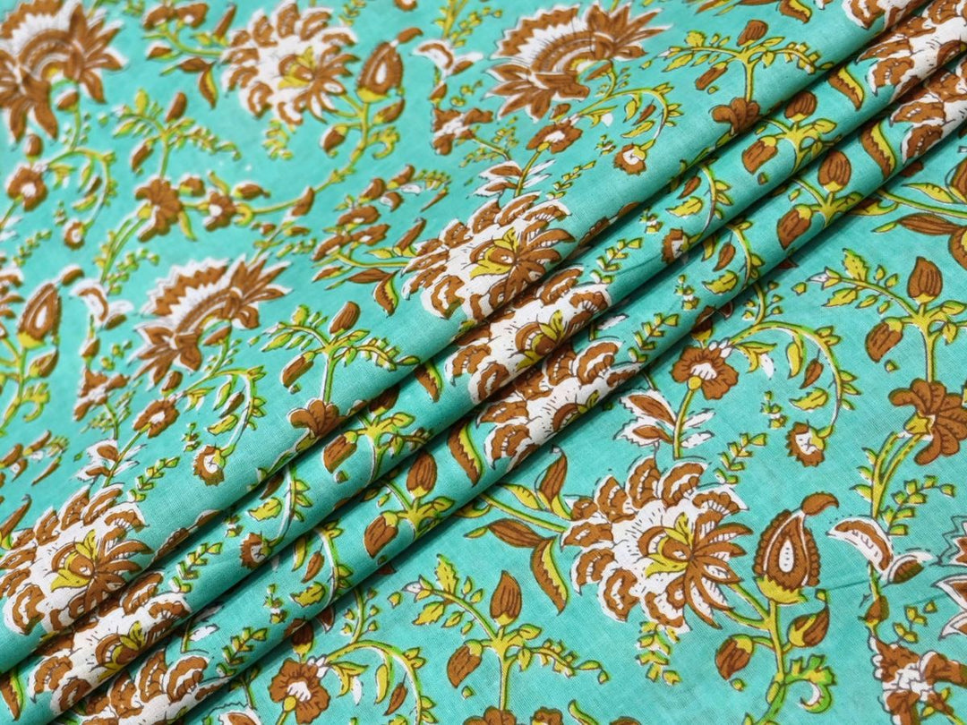 Teal green Floral Block Print Fabric by the Yard | Indian Cotton Print | Indolibas