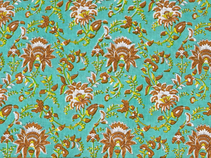 Turquoise botanical woodblock print fabric with brown and cream flowers