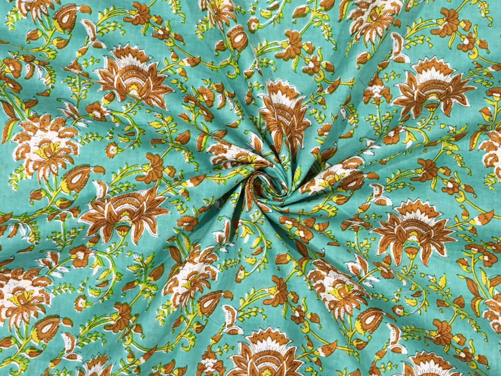 Woodblock print cotton fabric by the yard with turquoise boho floral pattern
