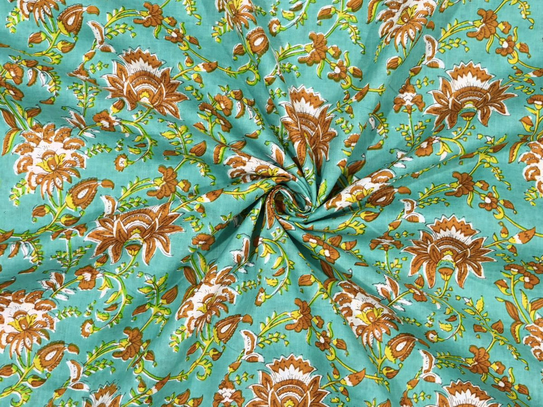 Woodblock print cotton fabric by the yard with turquoise boho floral pattern