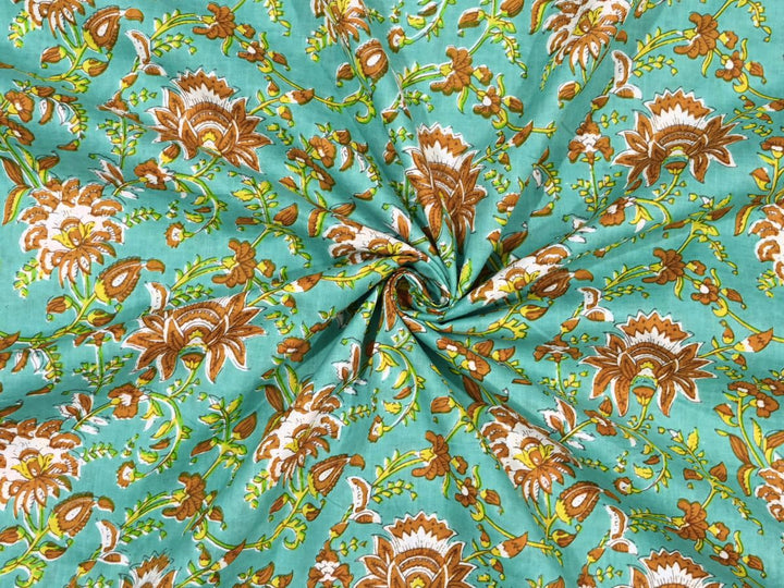 Woodblock print cotton fabric by the yard with turquoise boho floral pattern