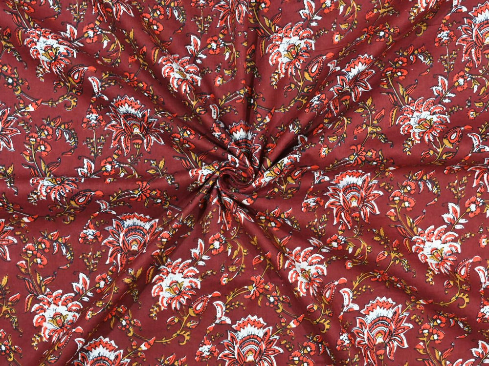 Maroon floral block print fabric by the yard with Indian botanical design