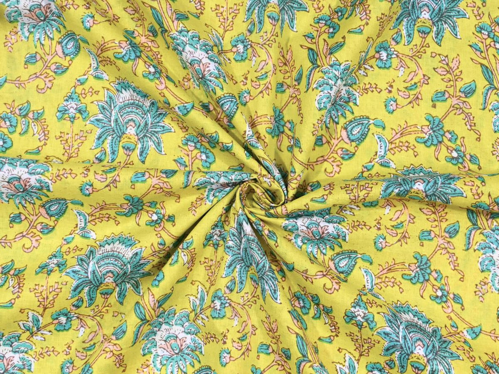 Woodblock printing cotton fabric by the yard with chartreuse floral pattern