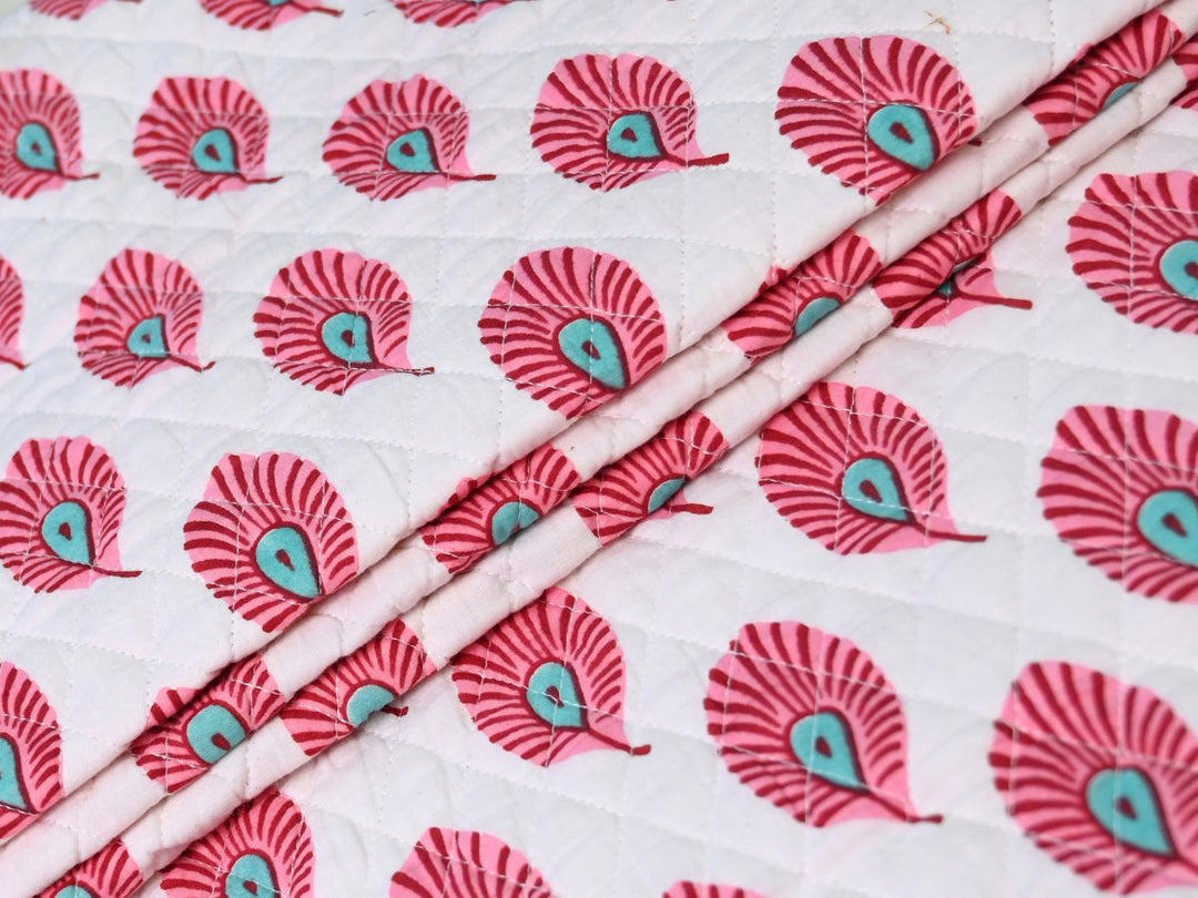 Pink Feather Quilted Fabric by the Yard | Reversible Cotton | Indolibas