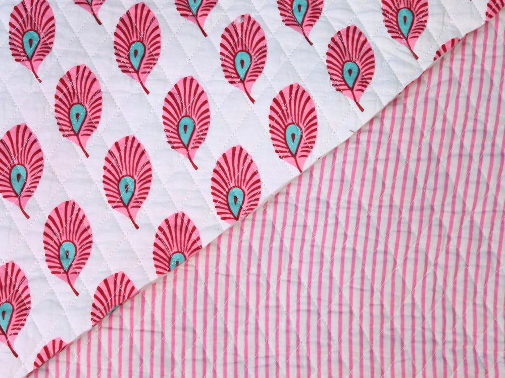 Pink feather quilted fabric by the yard with turquoise accents