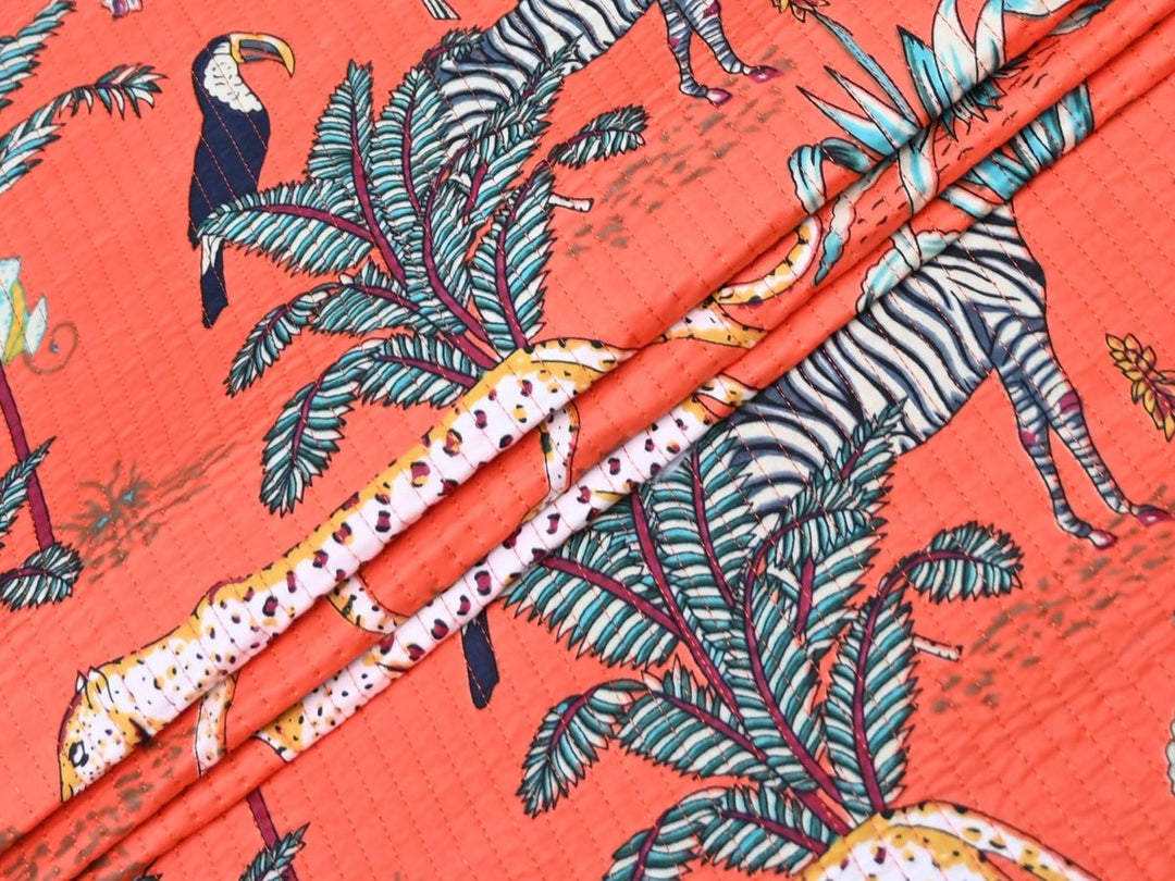 Coral Quilted Fabric by the Yard | Jaipur Jungle Print Cotton | Indolibas