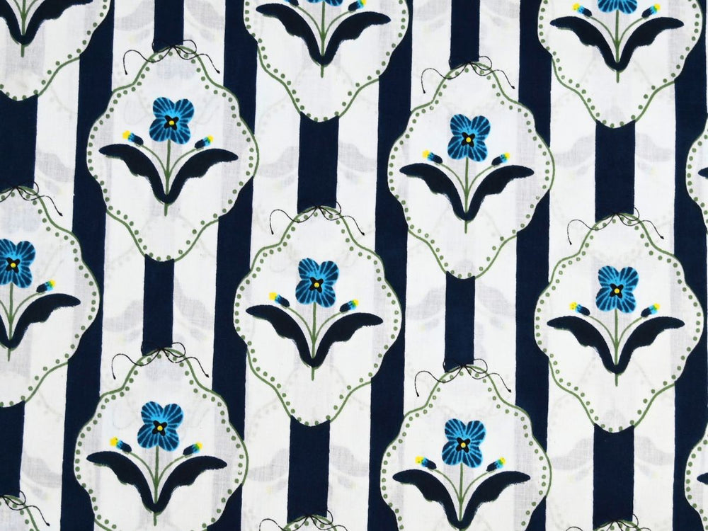 Navy blue cotton fabric by the yard with vintage stripe and mirror-frame design