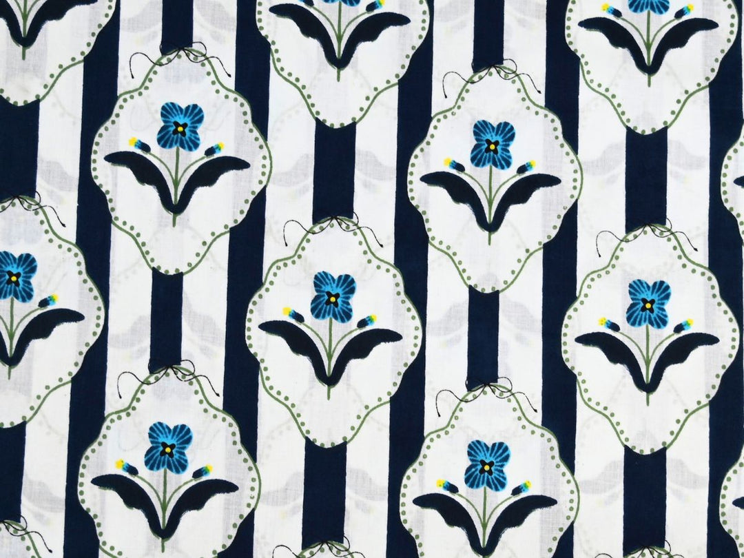 Navy blue cotton fabric by the yard with vintage stripe and mirror-frame design