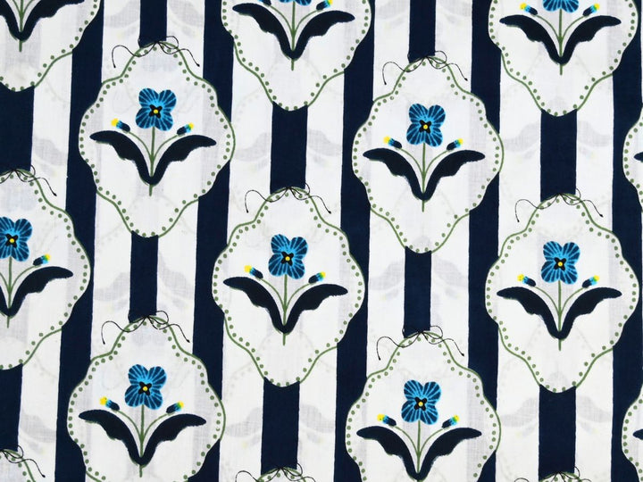 Navy blue cotton fabric by the yard with vintage stripe and mirror-frame design