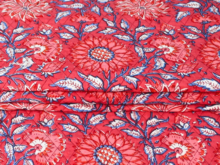 Red Floral Quilted Fabric by the Yard | Reversible Cotton Print | Indolibas