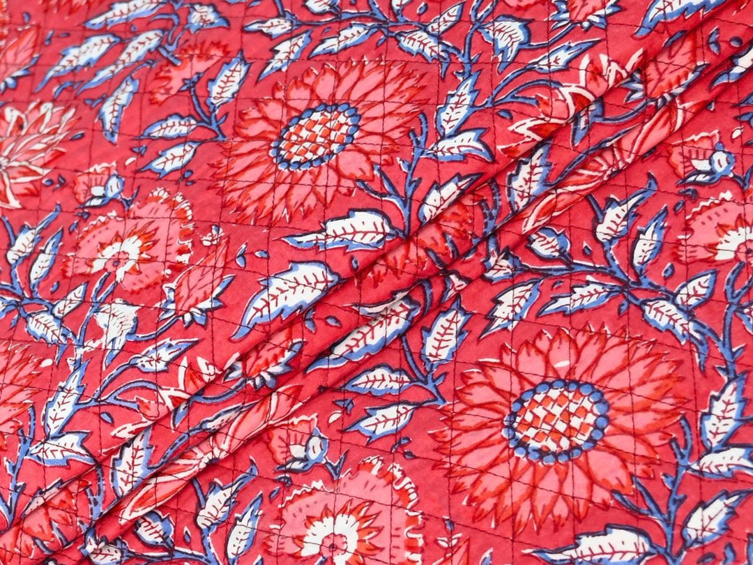 Red Floral Quilted Fabric by the Yard | Reversible Cotton Print | Indolibas