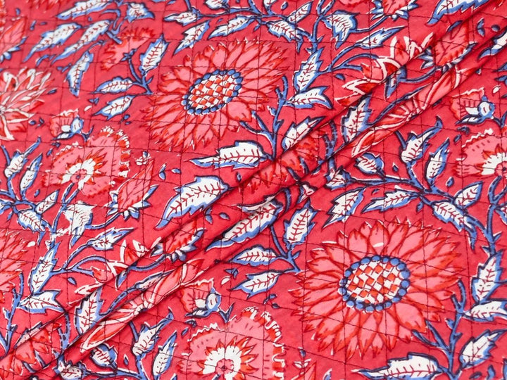 Red Floral Quilted Fabric by the Yard | Reversible Cotton Print | Indolibas