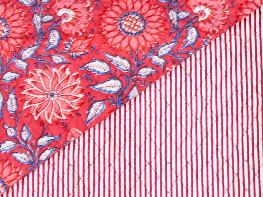 Red floral quilted fabric by the yard with pink and white botanical print
