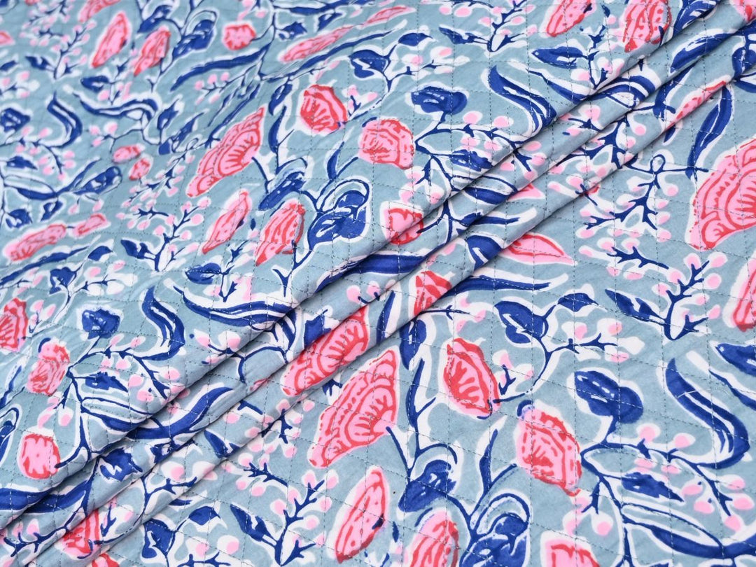 Dusty Blue Quilted Fabric by the Yard | Floral Block Print Cotton | Indolibas