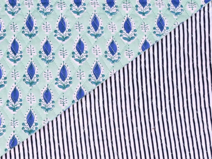 Mint green quilted fabric by the yard with cobalt blue teardrop flower print