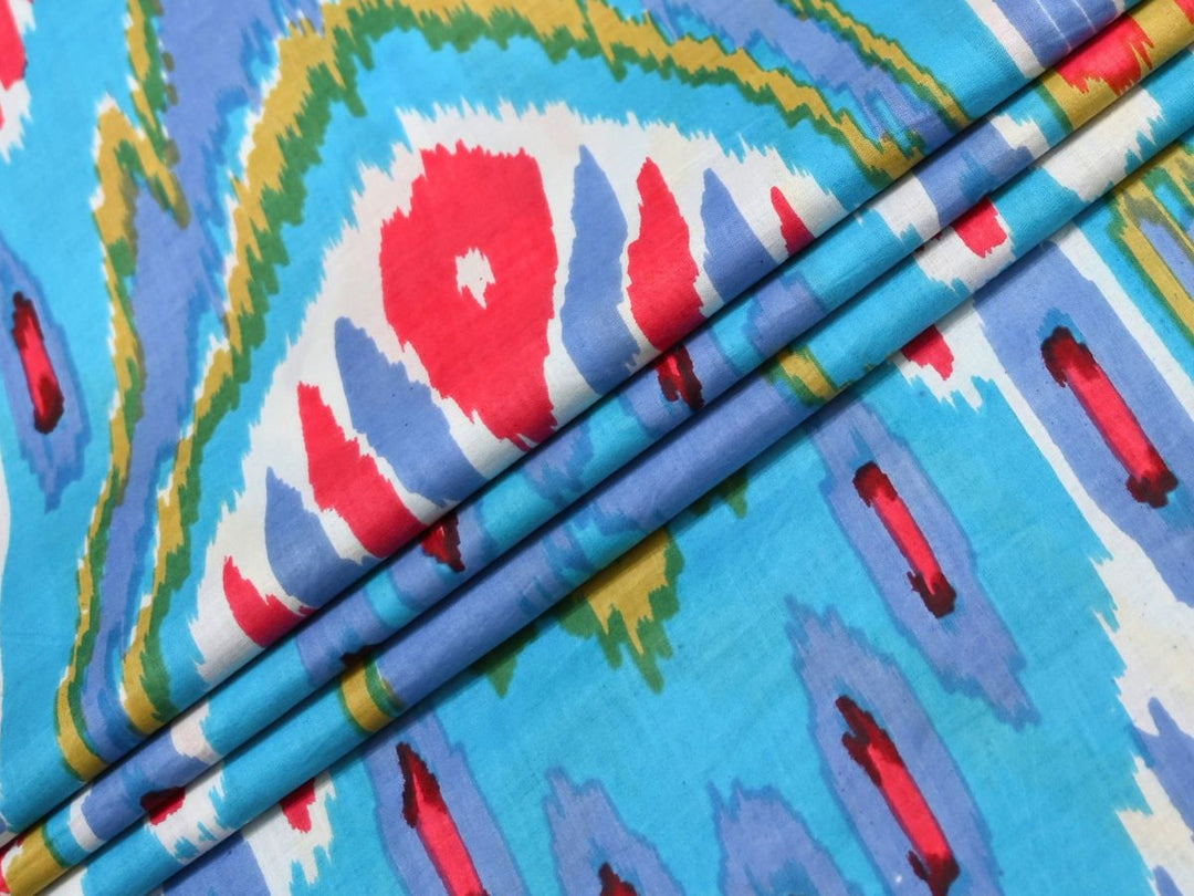 Indian Cotton Fabric by the Yard | Sky Blue Ikat Print for Bags | Indolibas