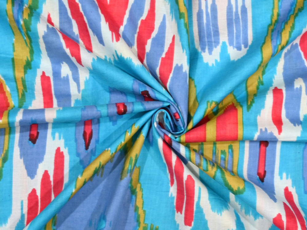 Indian cotton fabric by the yard with sky blue ikat print for bags