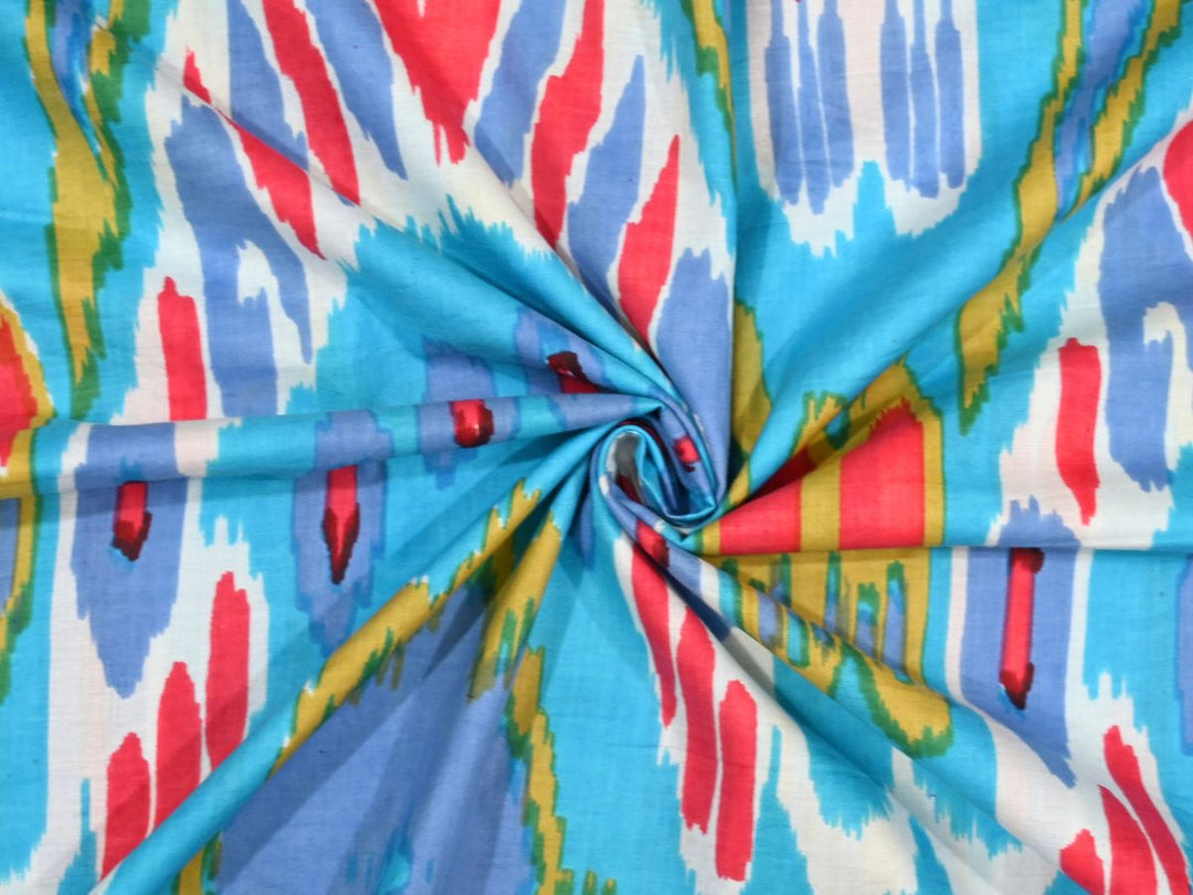 Indian cotton fabric by the yard with sky blue ikat print for bags