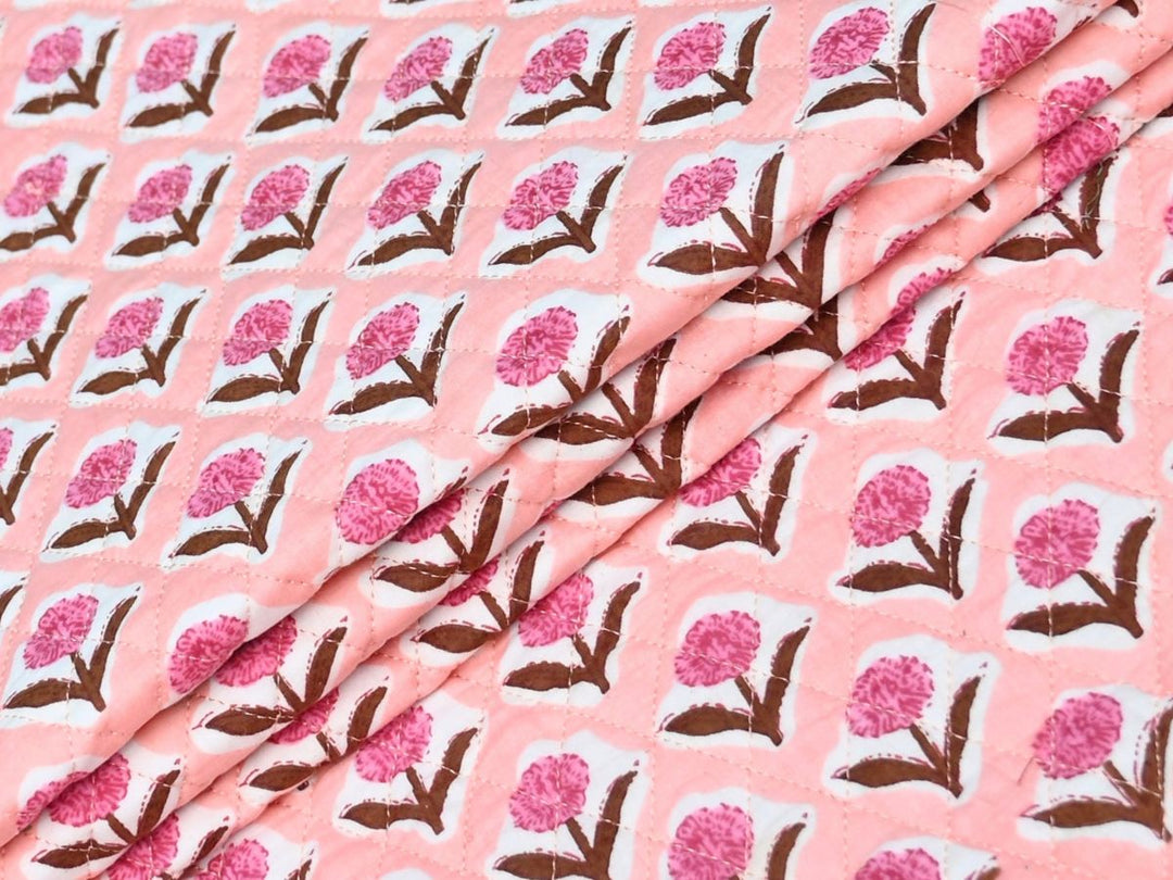 Peach Floral Quilted Fabric by the Yard | Reversible Cotton Cushion | Indolibas