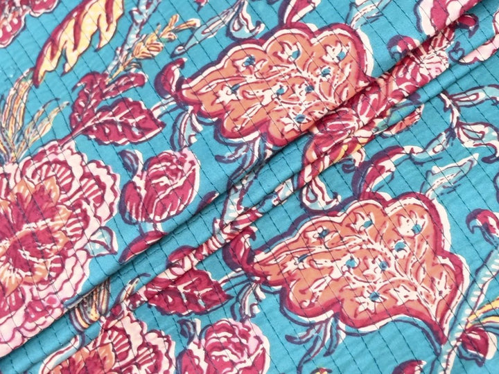 Teal Quilted Fabric by the Yard | Indian Floral Jacket Cotton | Indolibas