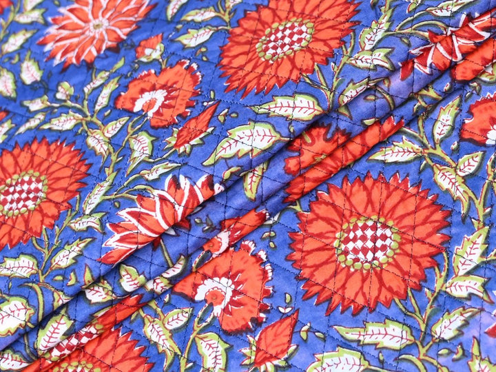 Cobalt Blue Quilted Fabric by the Yard | Reversible Throw Cotton | Indolibas