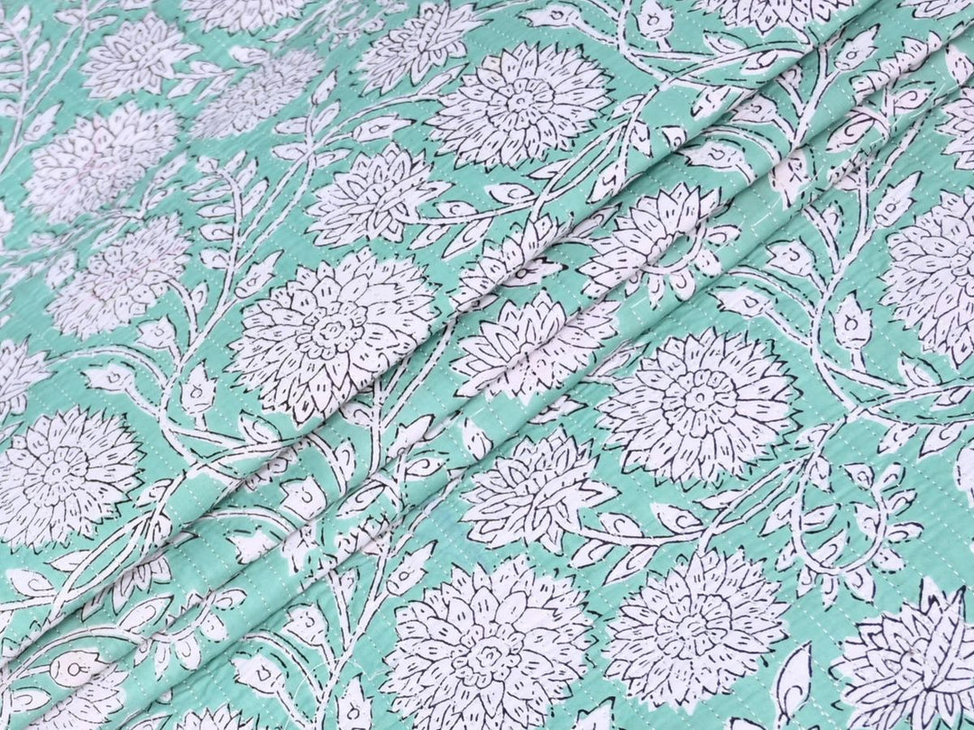 Mint Green Quilted Throw Fabric | Reversible Cotton Print | Indolibas